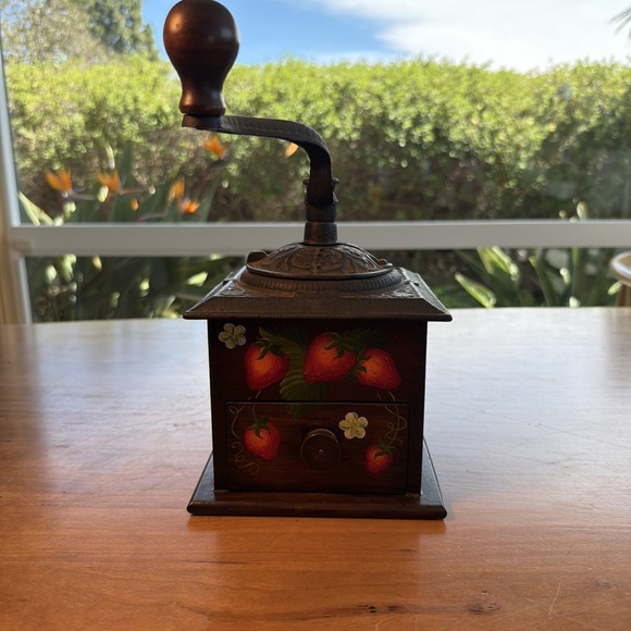 Vintage Coffee Grinder Hand Painted Signed W/ Strawberries